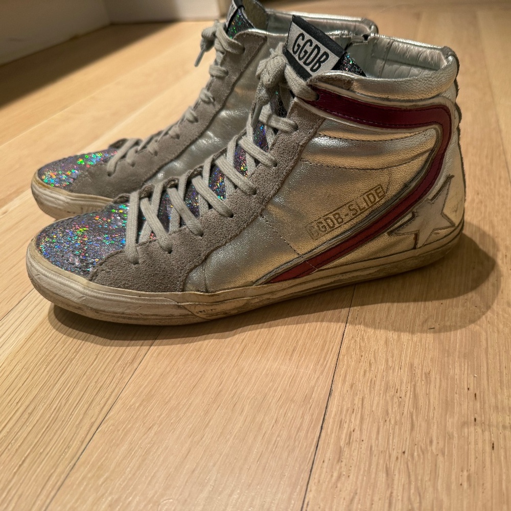 Golden Goose women's high top 'slide' style silver with purple/maroon size 39
